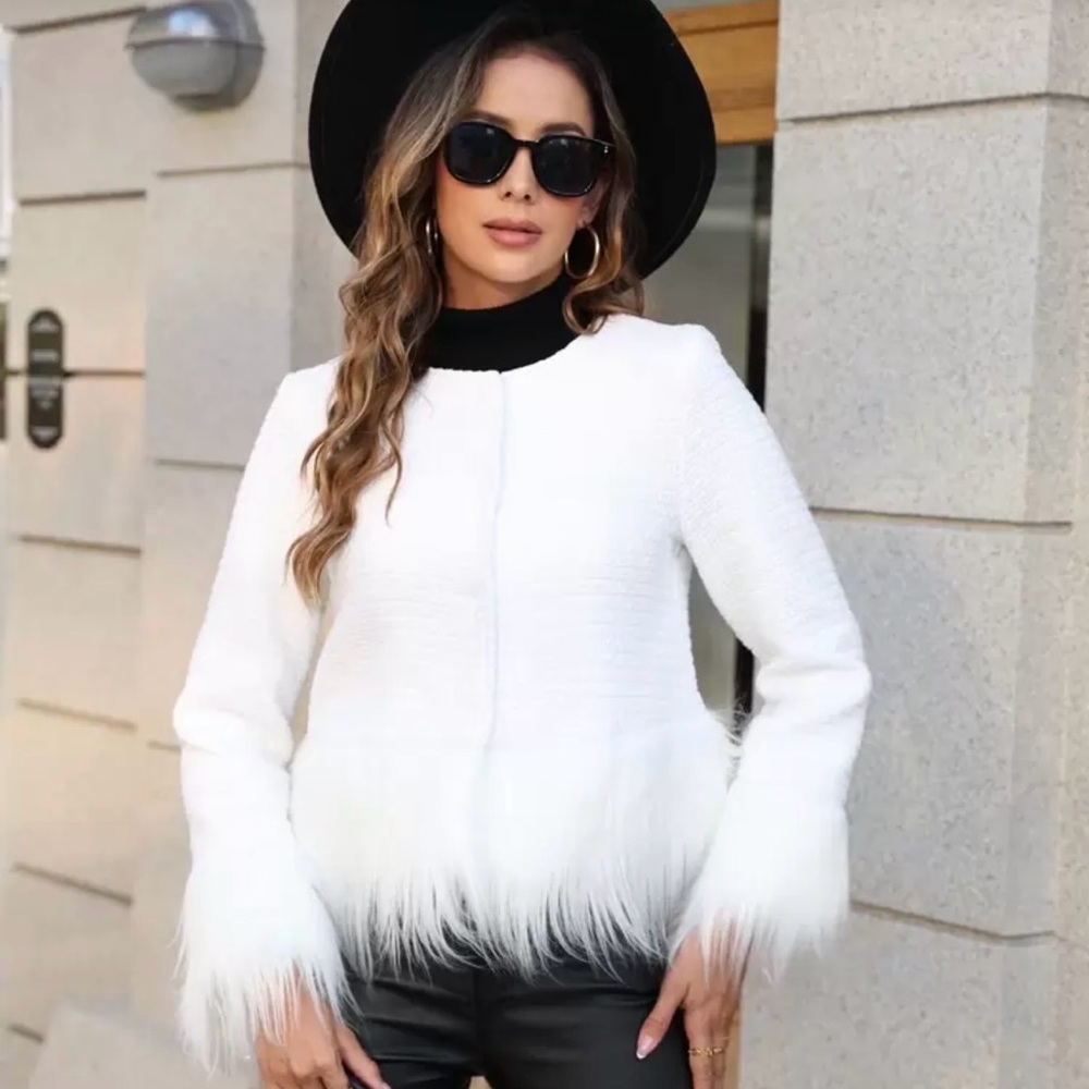 LOOK OF LUXURY White Button Front Soft Fur Trimmed Blazer Jacket MEDIUM